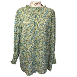 Carolina Belle Montreal Women's L Yellow Floral Button Ruffle Neck Smock Sleeves